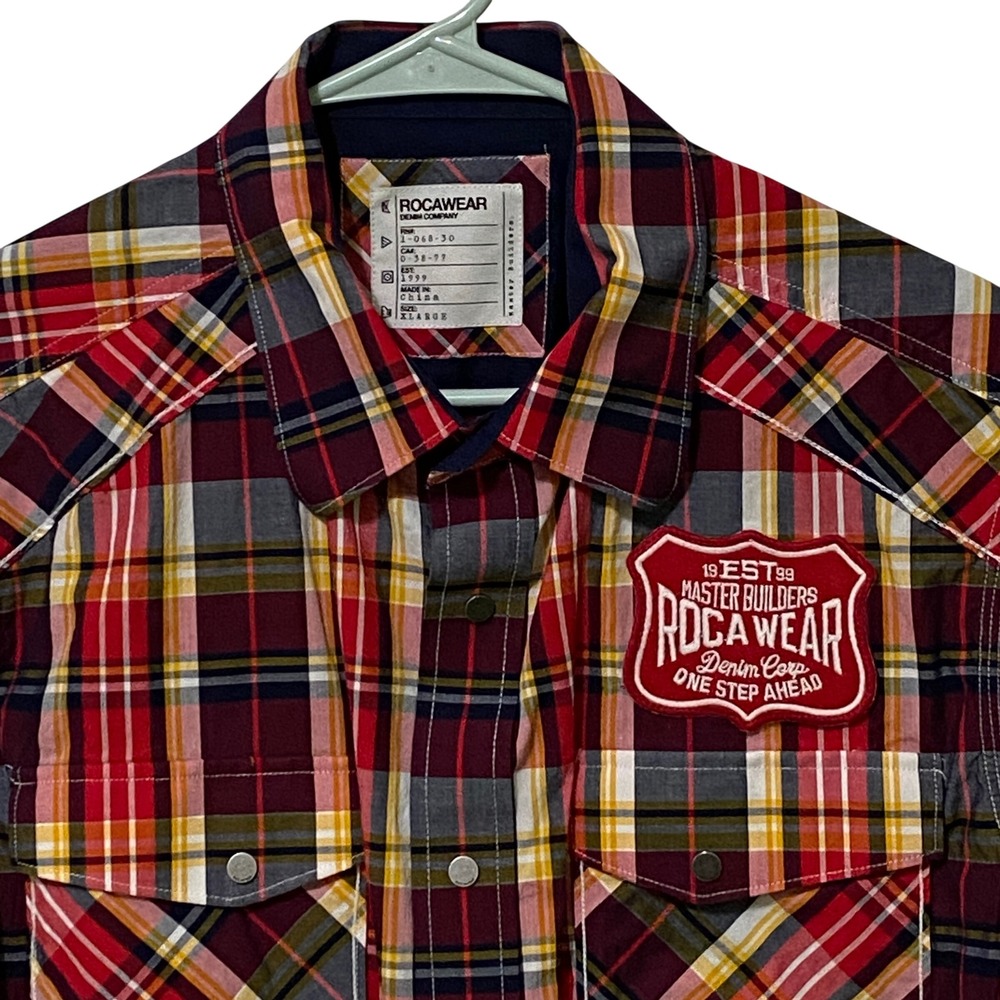 Y2K Rocawear Mens XL Short Sleeve Plaid Snap Western Shirt Hip Hop Streetwear